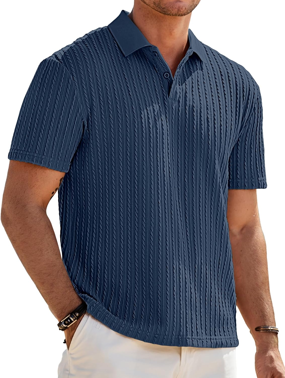 HOTJMIERR Mens Casual Polo Shirt Summer Short Sleeve Vacation Button Beach Knit Stretchy Golf Shirts