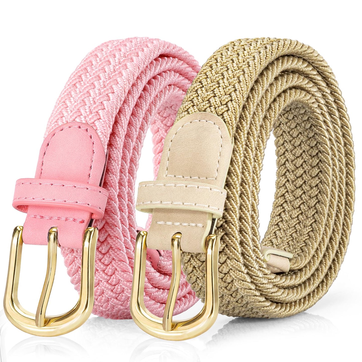 HOT2 Pack Braided Belt for Women, Elastic Woven Stretch Fabric Cloth Belt with Gold Buckle