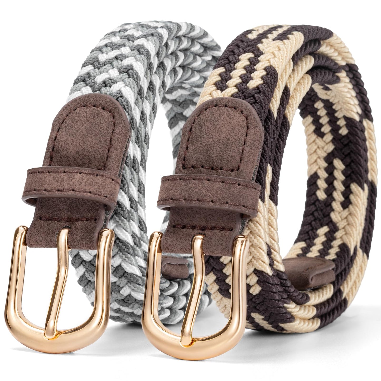 HOT2 Pack Braided Belt for Women, Elastic Woven Stretch Fabric Cloth Belt with Gold Buckle