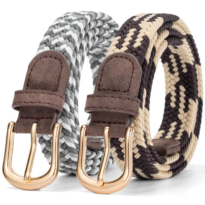 HOT2 Pack Braided Belt for Women, Elastic Woven Stretch Fabric Cloth Belt with Gold Buckle