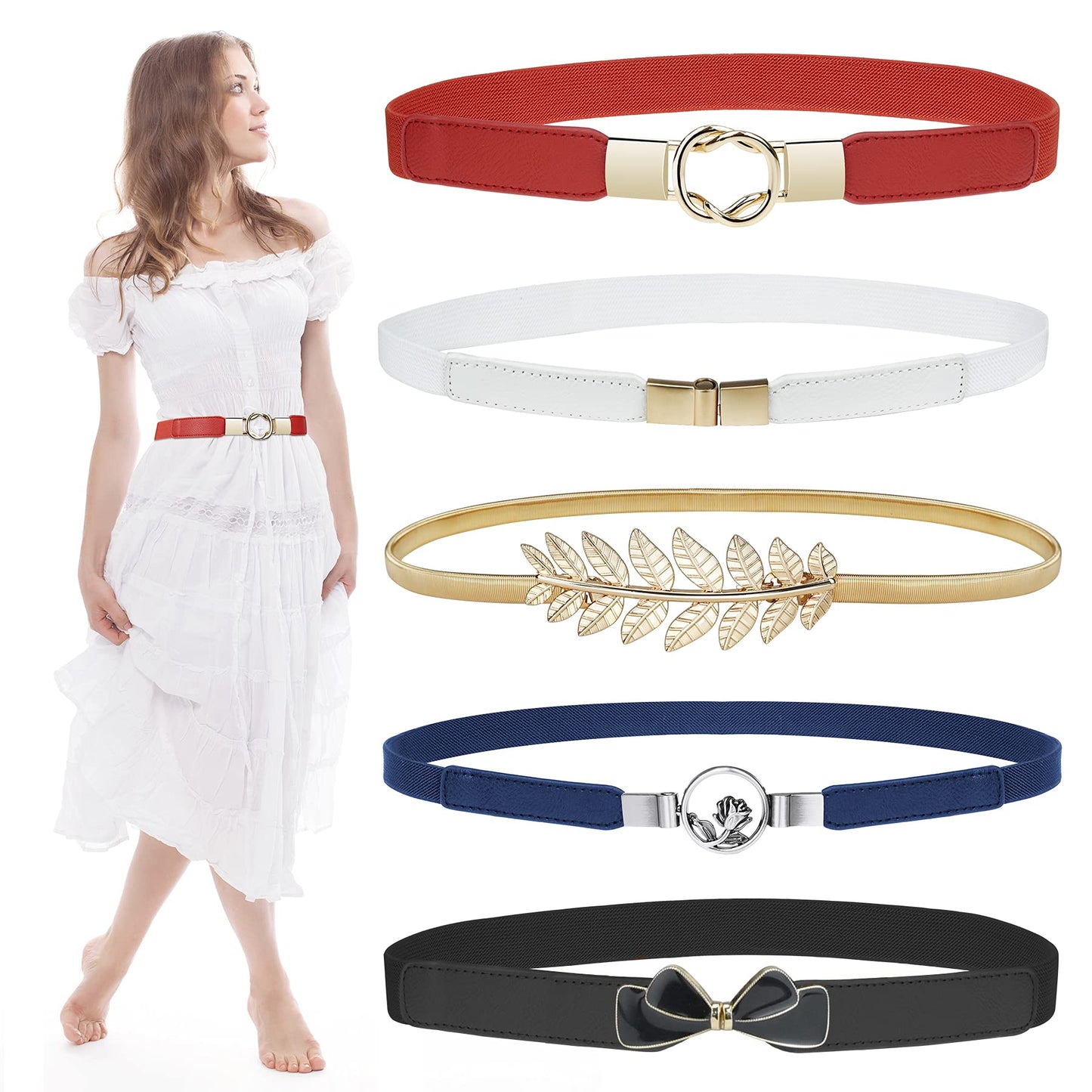 HOTEAONE Skinny Belts for Women 5 Pack, Fashion Dress Belts Stretch Women Waist Belts Plus Size Elastic Waist Band for Dresses