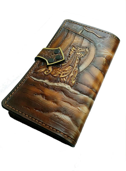 HOTKnarr, Viking Ship, Odin, Longship, Thor Hammer, Mjölnir, Men's 3D Genuine Leather Wallet, Long wallet, Biker Wallet, Handmade wallet, Carved wallet, Airbrush Art, Custom wallet, Personalized wallet
