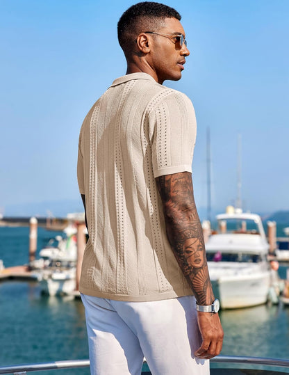 HOTCOOFANDY Men's Knit Shirts Short Sleeve Button Down Polo Shirt Fashion Casual Summer Beach Shirts