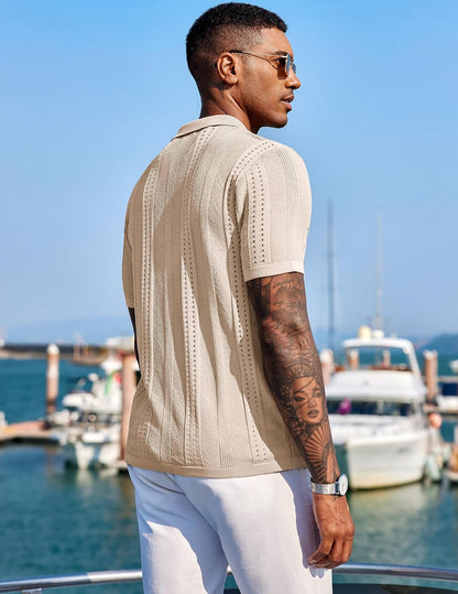 HOTCOOFANDY Men's Knit Shirts Short Sleeve Button Down Polo Shirt Fashion Casual Summer Beach Shirts