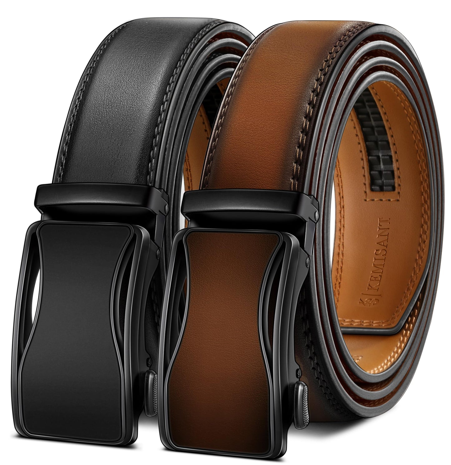 HOTKEMISANT Men's Ratchet Leather Belt 2Pack-Trimmable 1 3/8“-Gift Boxed | Smooth Sliding | Micro Adjustable Fit | Tailored Size | Holeless Understated Elegance