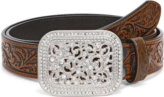 HOTXZQTIVE Women Men Western Belt Vintage Country Belts For Cowgirl Cowboys Genuine Leather Belt with Silver Diamond Buckle