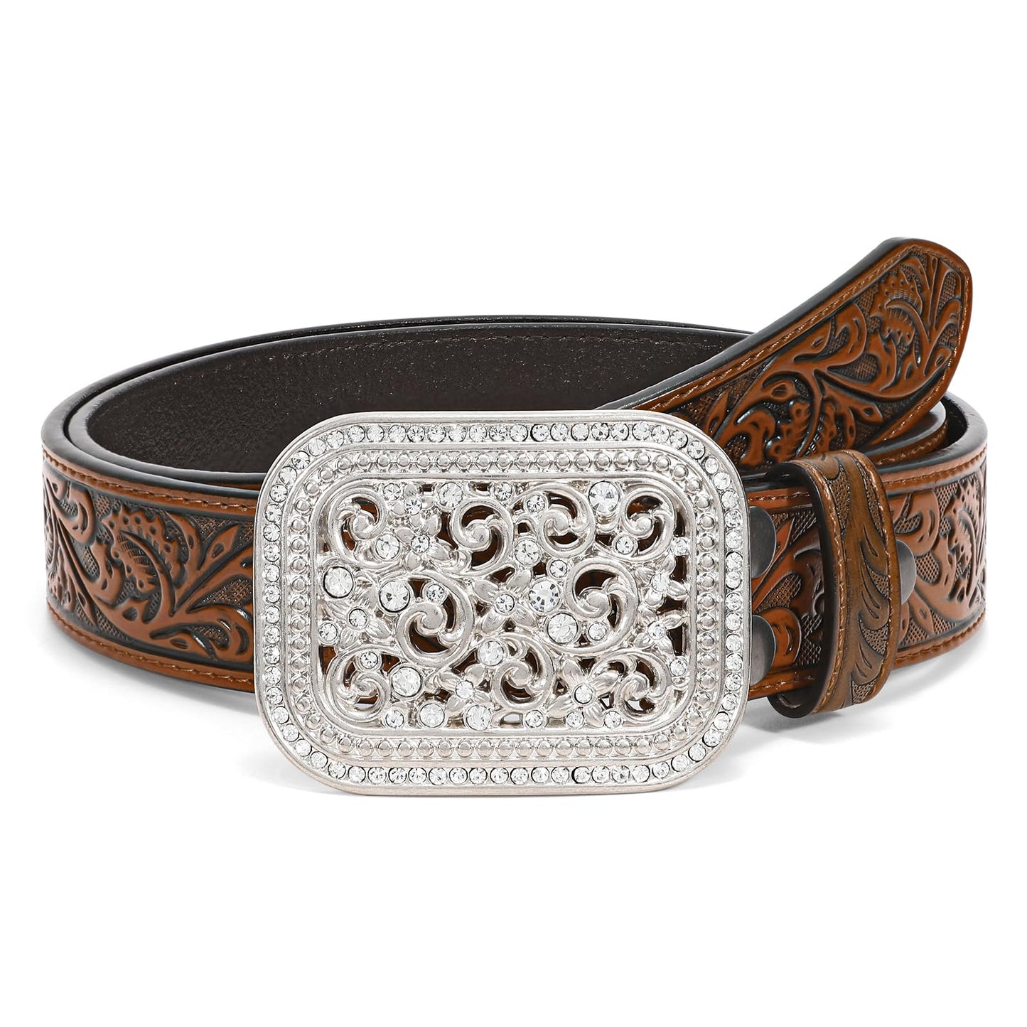 HOTXZQTIVE Women Men Western Belt Vintage Country Belts For Cowgirl Cowboys Genuine Leather Belt with Silver Diamond Buckle