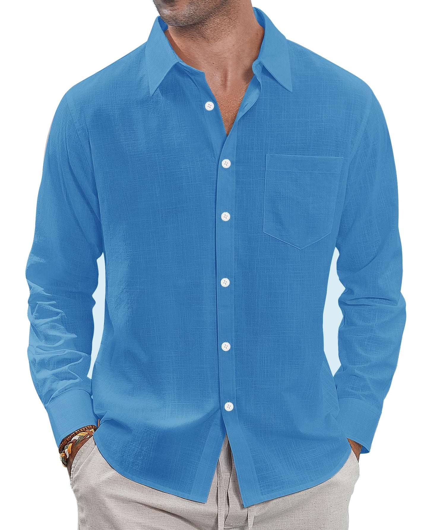 HOTJ.VER Men's Linen Shirts Casual Button Down Long Sleeve Shirt Solid Spread Collar Summer Beach Shirts with Pocket