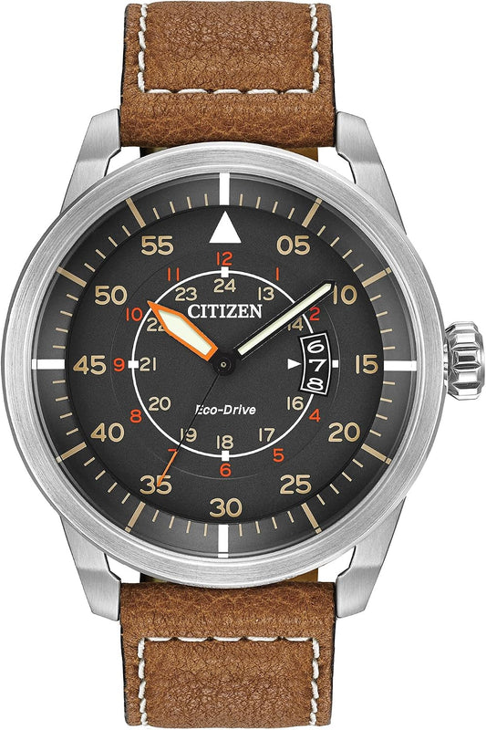 HOTCitizen Men’s Eco-Drive 3-Hand Date Avion Watch with Leather Strap (Style: AW1361:10H)