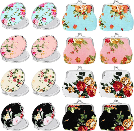 HOT16 Pcs Vintage Floral Gift Set, 8 Flower Pocket Mirror and 8 Floral Women Coin Purse, Small Folding Retro Vintage Valentine's Day Gifts for Women Makeup Travel Tea Party Birthday Holiday