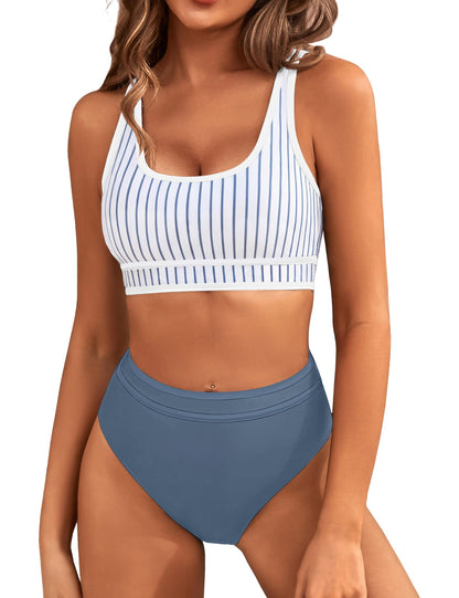HOTBMJL Women's High Waisted Bikini Sets Sporty Two Piece Swimsuits Color Block Tummy Control Modest Bathing Suit