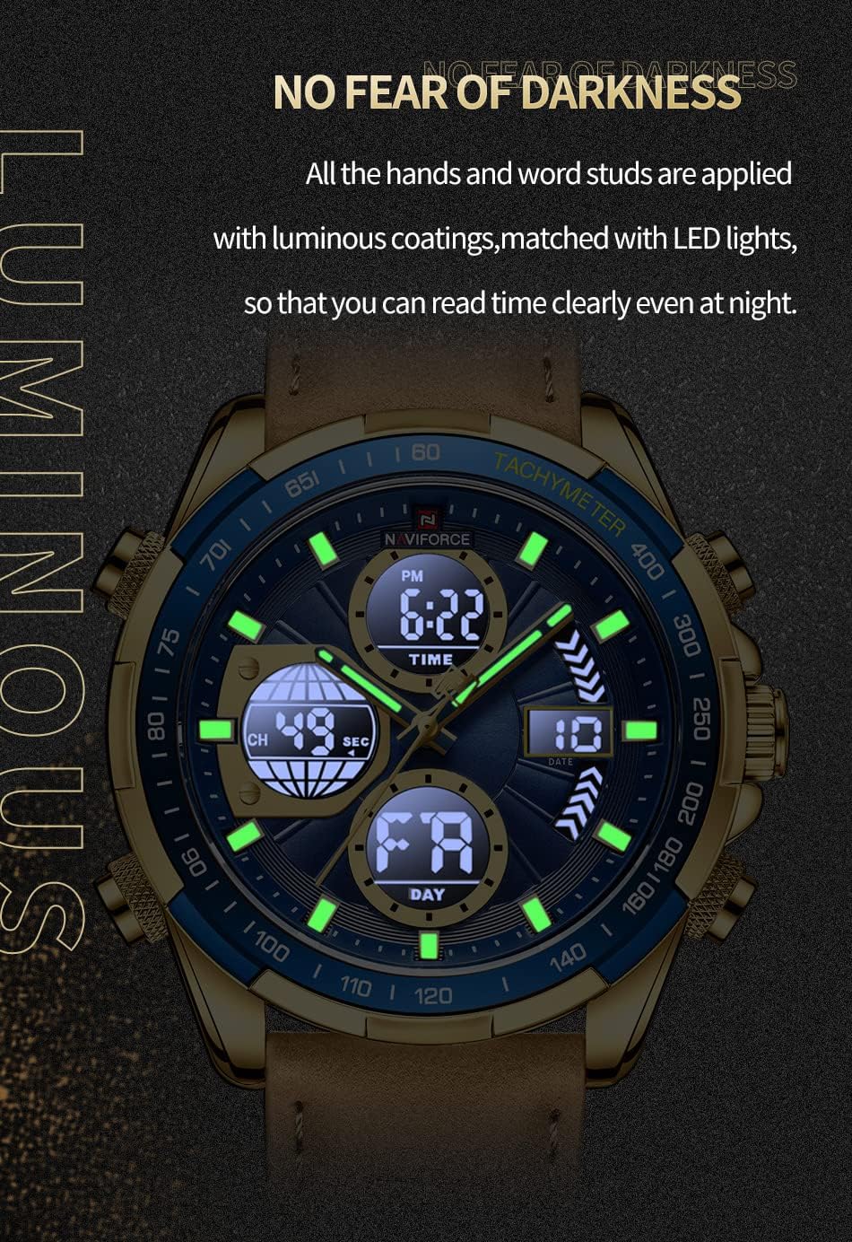HOTNAVIFORCE Men's Military Digital Watches Analog Quartz Waterproof Watch Sport Multifunctional Leather Wristwatch