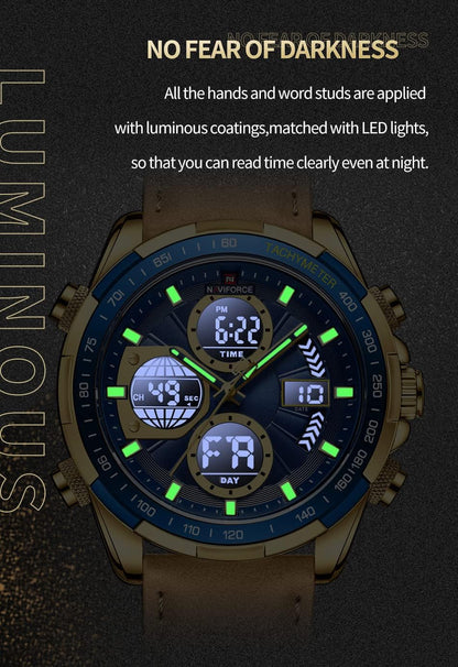 HOTNAVIFORCE Men's Military Digital Watches Analog Quartz Waterproof Watch Sport Multifunctional Leather Wristwatch