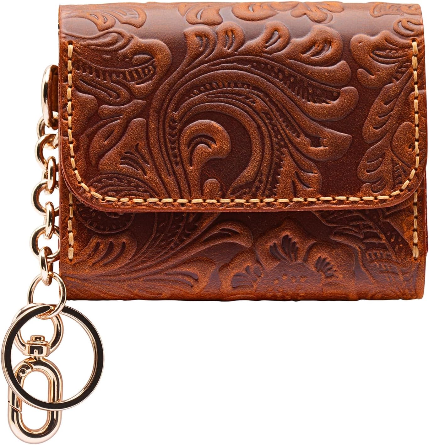HOTHandmade Keychain Wristlet Wallets for Women, Western Floral Leather Small Credit Card Holder with Zipper, Minimalist & Cute Coin Pouch, Genuine Leather (Camel)