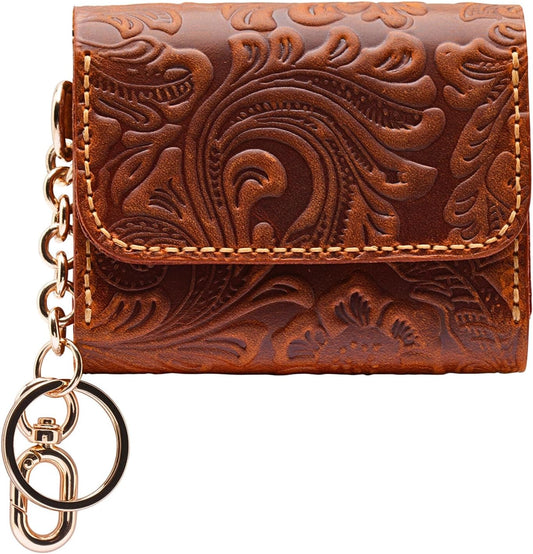 HOTHandmade Keychain Wristlet Wallets for Women, Western Floral Leather Small Credit Card Holder with Zipper, Minimalist & Cute Coin Pouch, Genuine Leather (Camel)