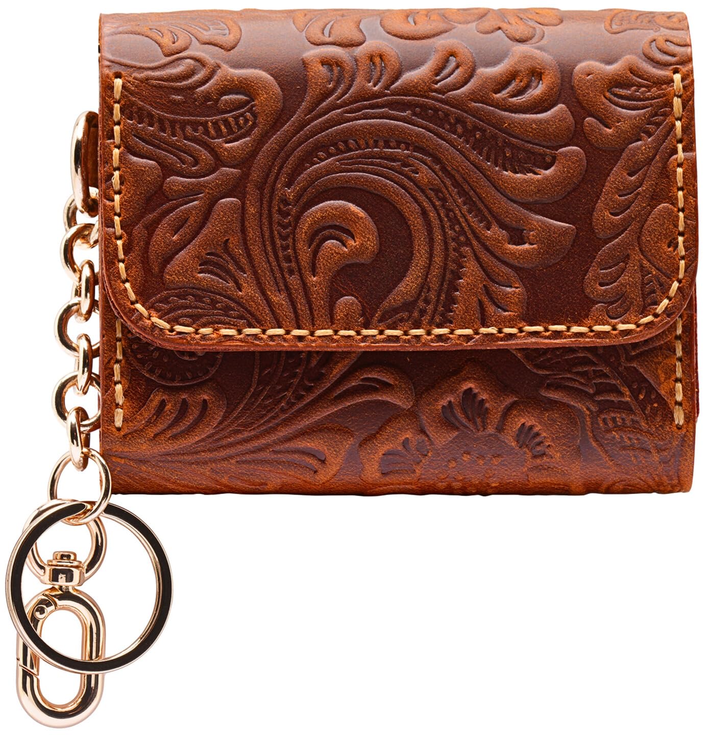 HOTHandmade Keychain Wristlet Wallets for Women, Western Floral Leather Small Credit Card Holder with Zipper, Minimalist & Cute Coin Pouch, Genuine Leather (Camel)