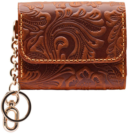 HOTHandmade Keychain Wristlet Wallets for Women, Western Floral Leather Small Credit Card Holder with Zipper, Minimalist & Cute Coin Pouch, Genuine Leather (Camel)