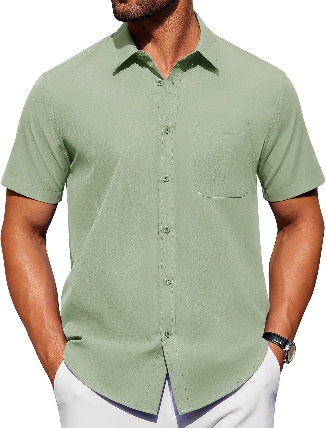 HOTAlimens & Gentle Men's Short Sleeve Dress Shirts Wrinkle Free Untucked Casual Button Down Shirt