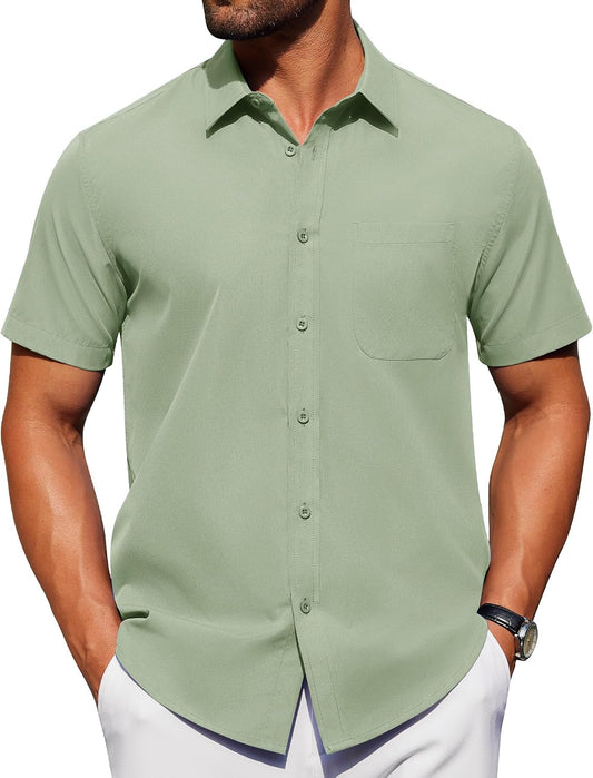 HOTAlimens & Gentle Men's Short Sleeve Dress Shirts Wrinkle Free Untucked Casual Button Down Shirt