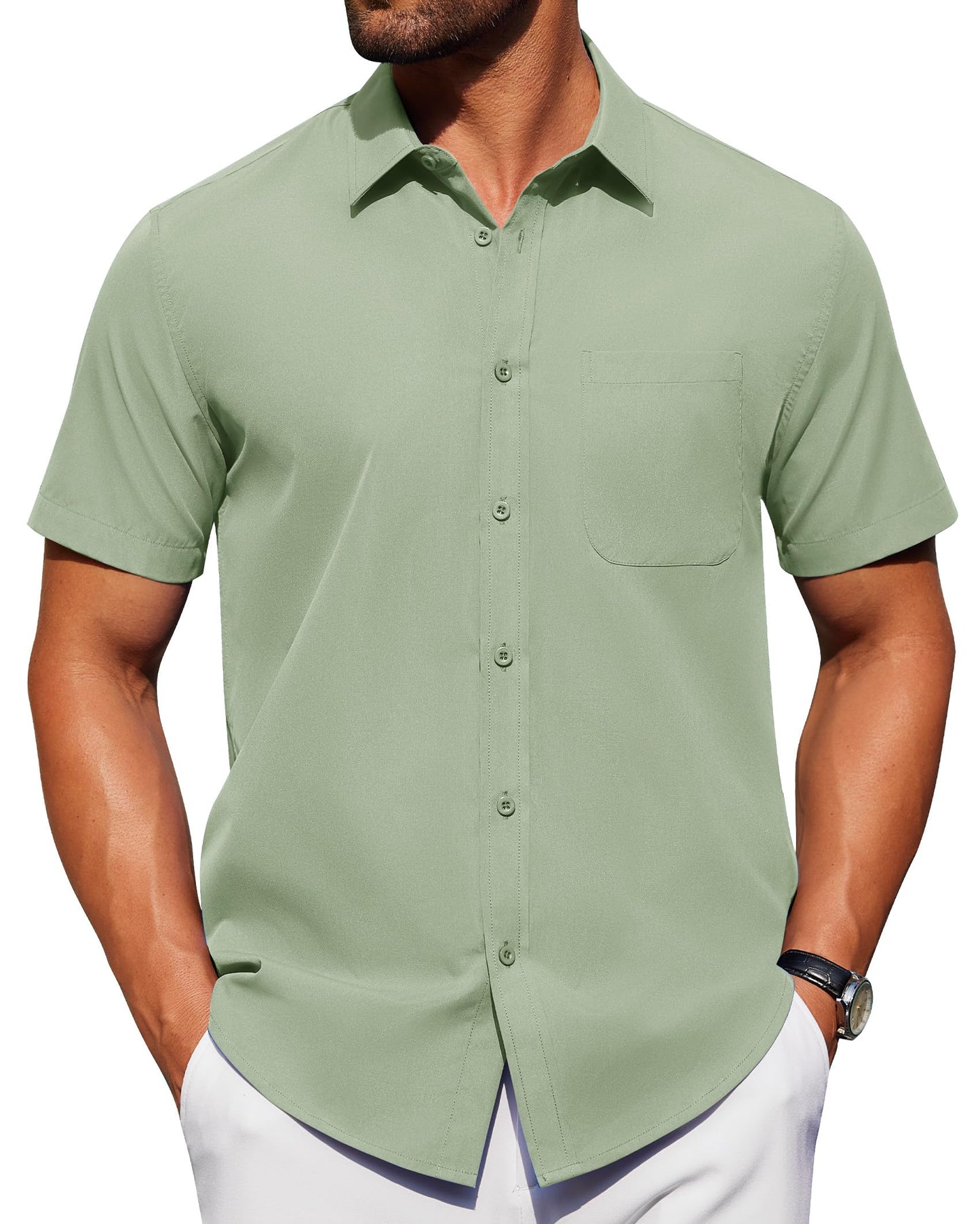 HOTAlimens & Gentle Men's Short Sleeve Dress Shirts Wrinkle Free Untucked Casual Button Down Shirt