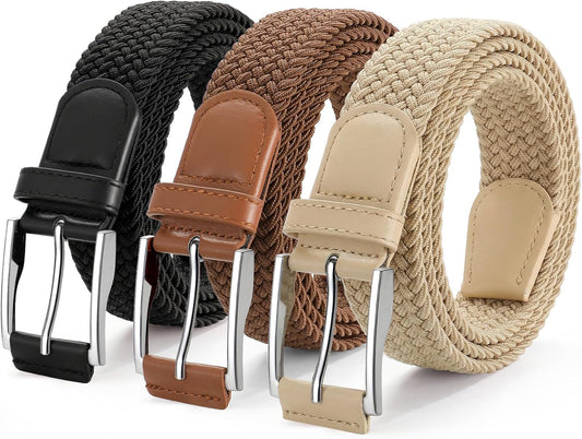 HOTJASGOOD Stretchy Golf Belts for Men, 3-Pack Elastic Braided Belt for Golf Pants Jeans, 1 3/8" Casual Woven Men’s Belt