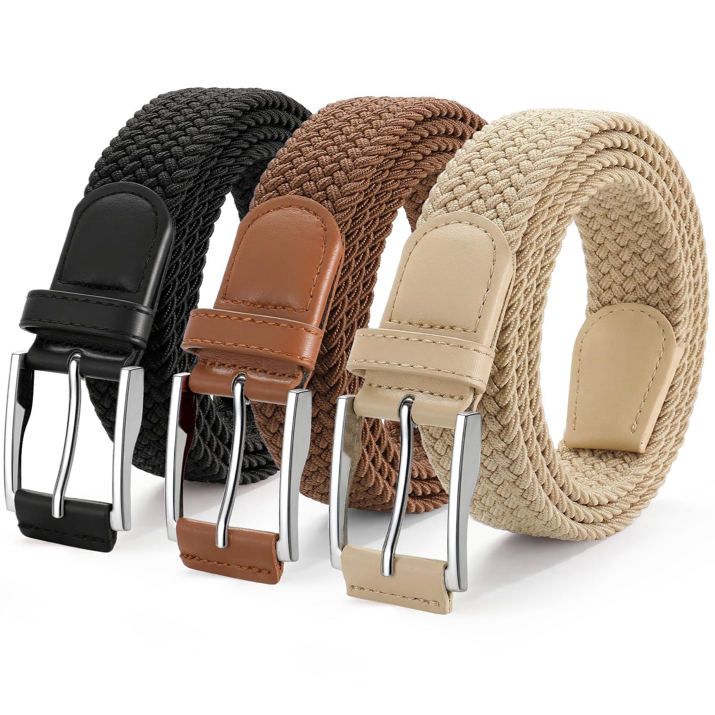 HOTJASGOOD Stretchy Golf Belts for Men, 3-Pack Elastic Braided Belt for Golf Pants Jeans, 1 3/8" Casual Woven Men’s Belt