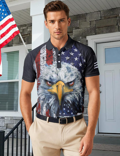 HOTRAISEVERN Mens American Flag Print Golf Polo Shirt Patriotic Raglan Sleeve Tees