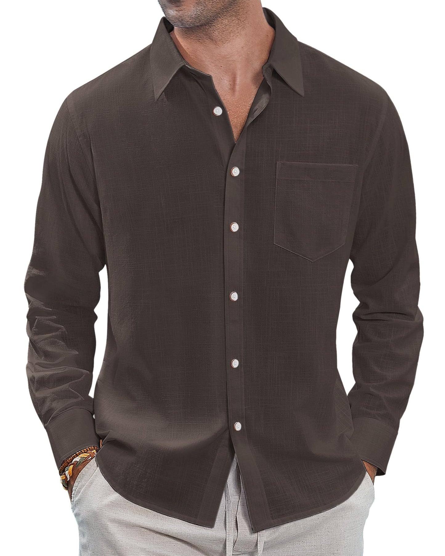HOTJ.VER Men's Linen Shirts Casual Button Down Long Sleeve Shirt Solid Spread Collar Summer Beach Shirts with Pocket