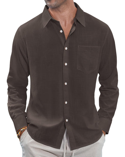 HOTJ.VER Men's Linen Shirts Casual Button Down Long Sleeve Shirt Solid Spread Collar Summer Beach Shirts with Pocket