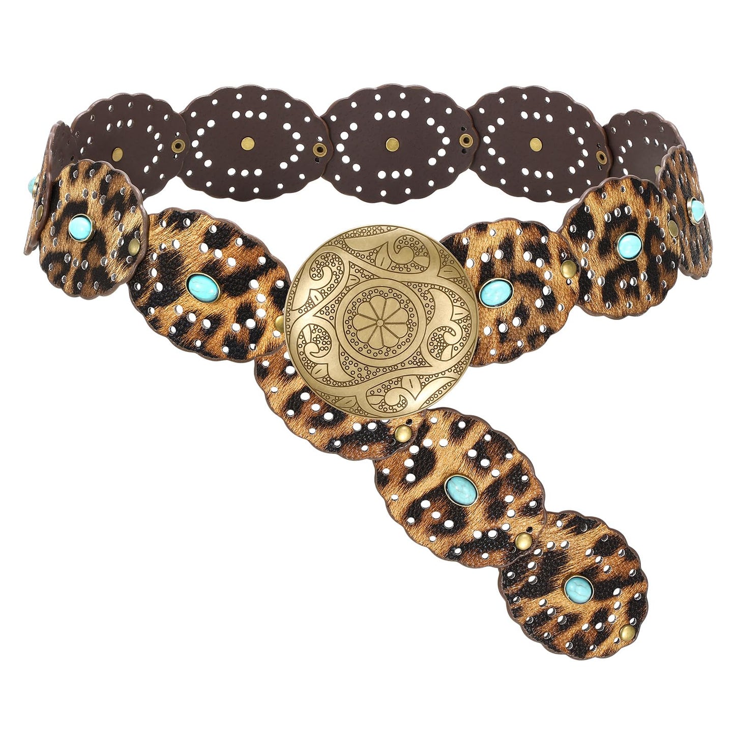 HOTSUOSDEY Wide Western Disc Belt with Turquoise Women Cowgirl Cowboy Boho Country Leather Belts for Jeans Dress, Width 2.36"