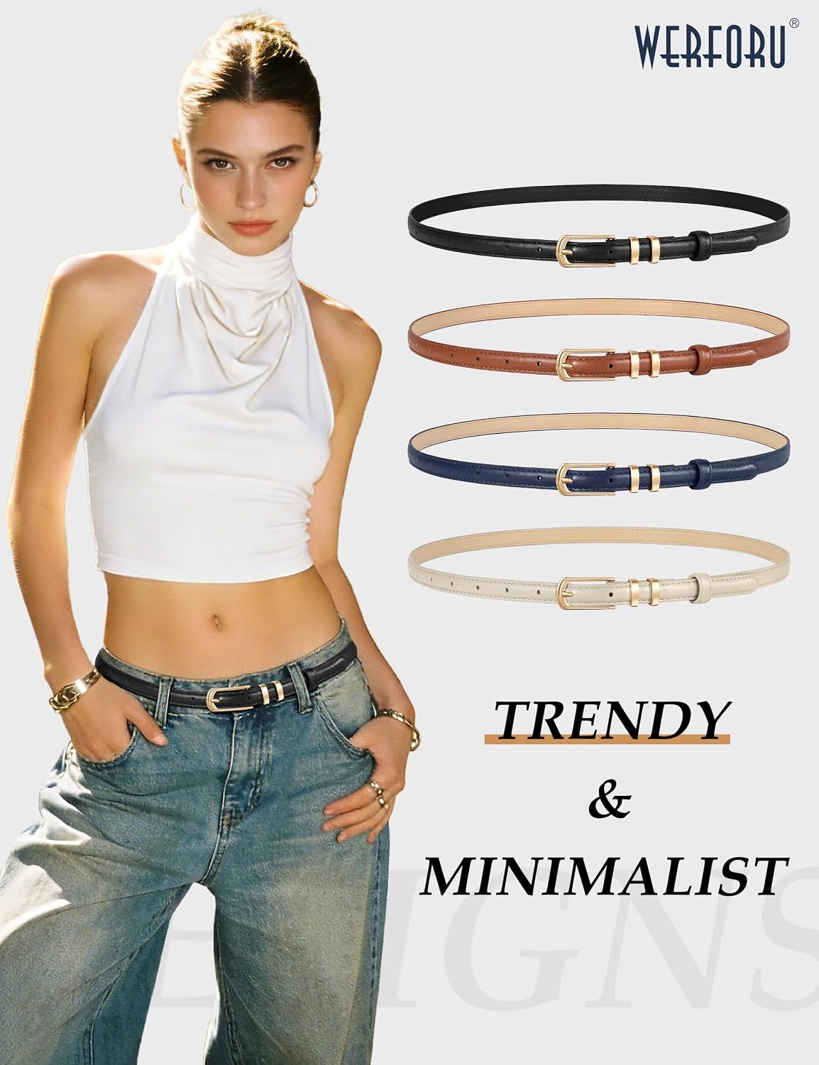 HOTWERFORU 4 Pack Women Skinny Leather Belt for Jean Pant Fashion Thin Waist Belt for Women Outfit Belt with Gold Buckle