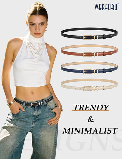HOTWERFORU 4 Pack Women Skinny Leather Belt for Jean Pant Fashion Thin Waist Belt for Women Outfit Belt with Gold Buckle