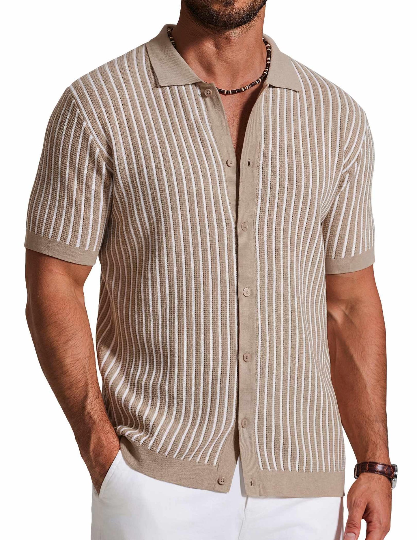 HOTCOOFANDY Mens Knit Button Down Shirts Short Sleeve Polo Shirt Vintage Striped Casual Shirts