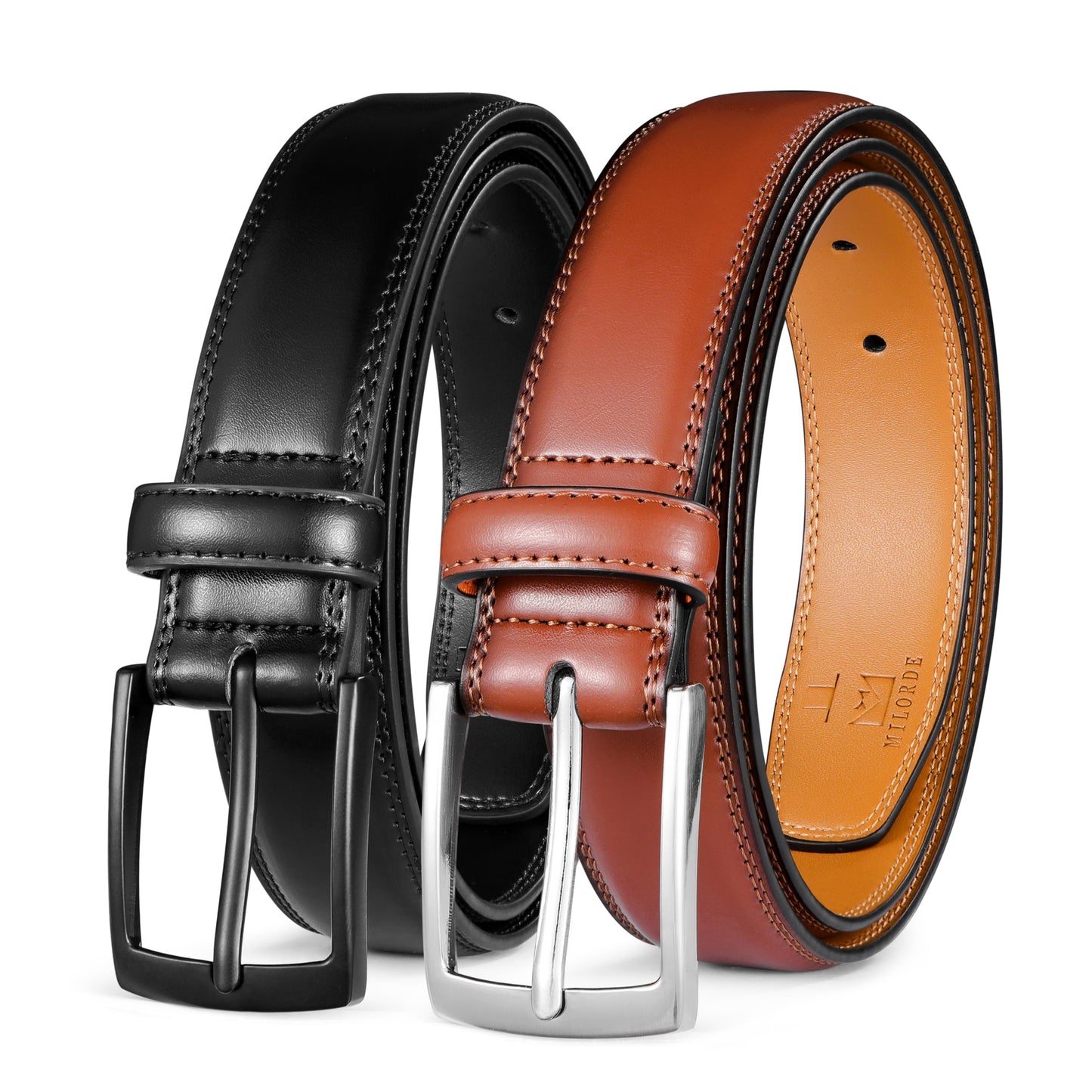 HOTMILORDE Men's Leather Dress Belt 2Pack, Handmade, Genuine Leather, Fashion & Classic Designs for Work Business and Casual