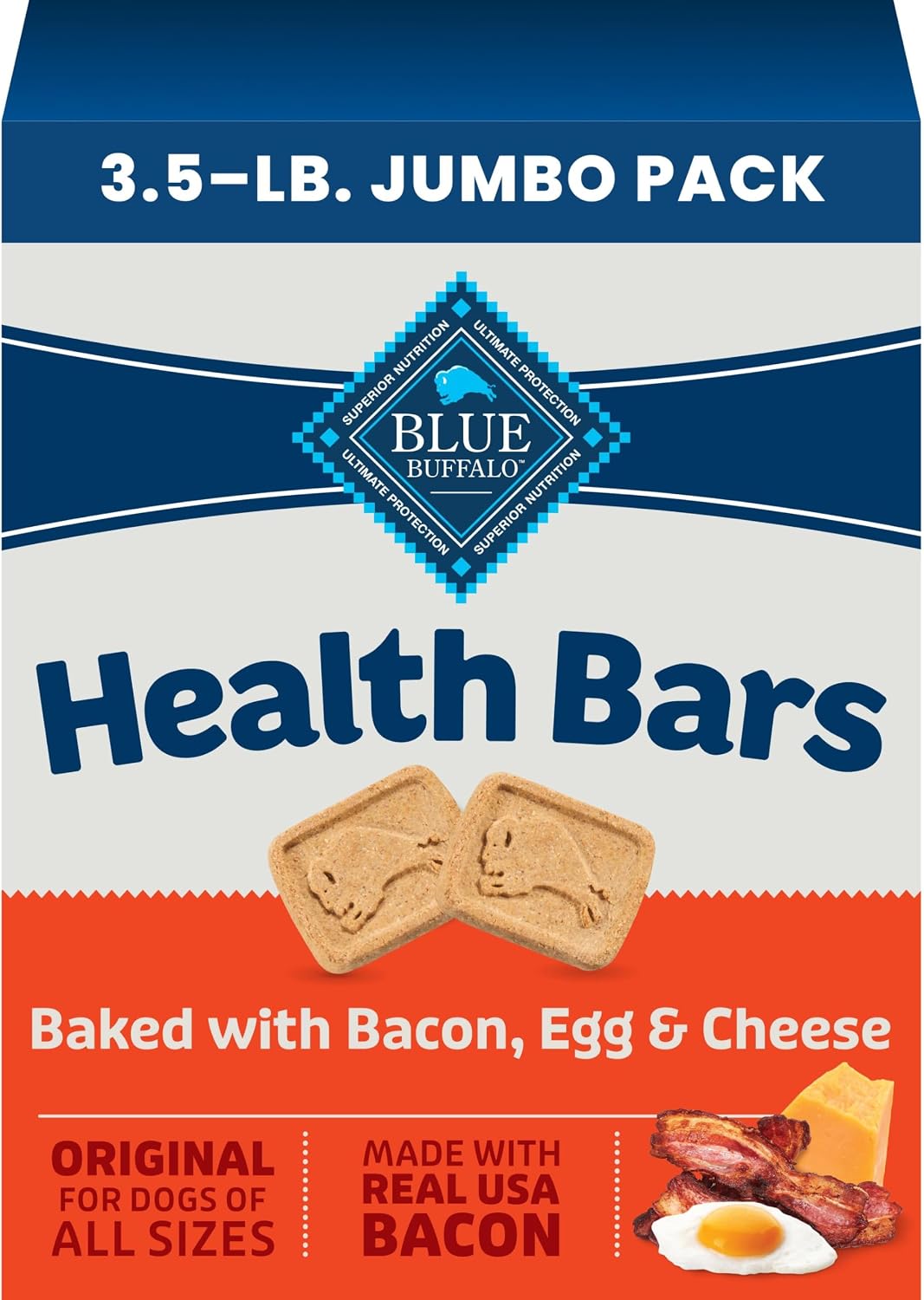 HOTBlue Buffalo Health Bars Bacon, Egg & Cheese Crunchy Dog Biscuits, Oven-Baked with Real Bacon & Natural Ingredients, Healthy Dog Treats with No Artificial Flavors or Preservatives, Jumbo Box 3.5 lbs.