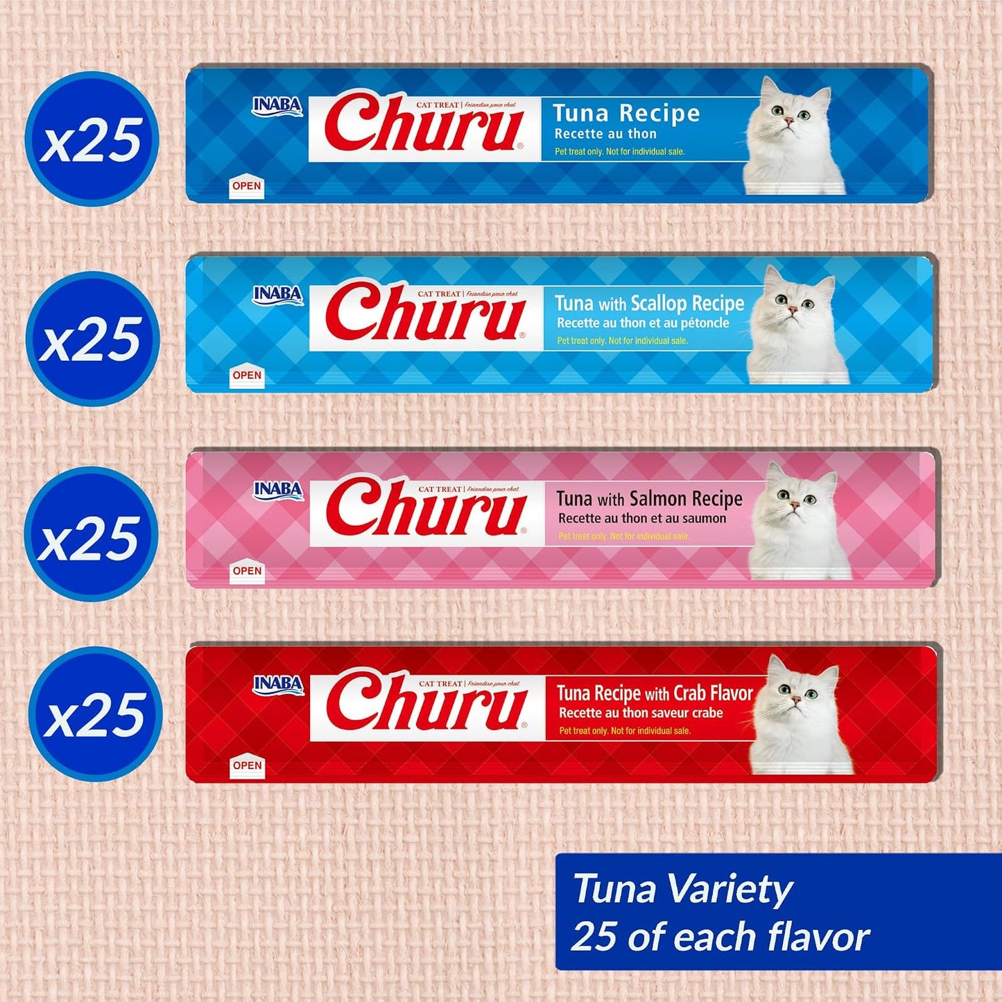 HOTINABA Churu Cat Treats, Lickable, Squeezable Creamy Purée with Vitamin E, 0.5 Ounces per Tube, 100 Tubes Total, Tuna Variety