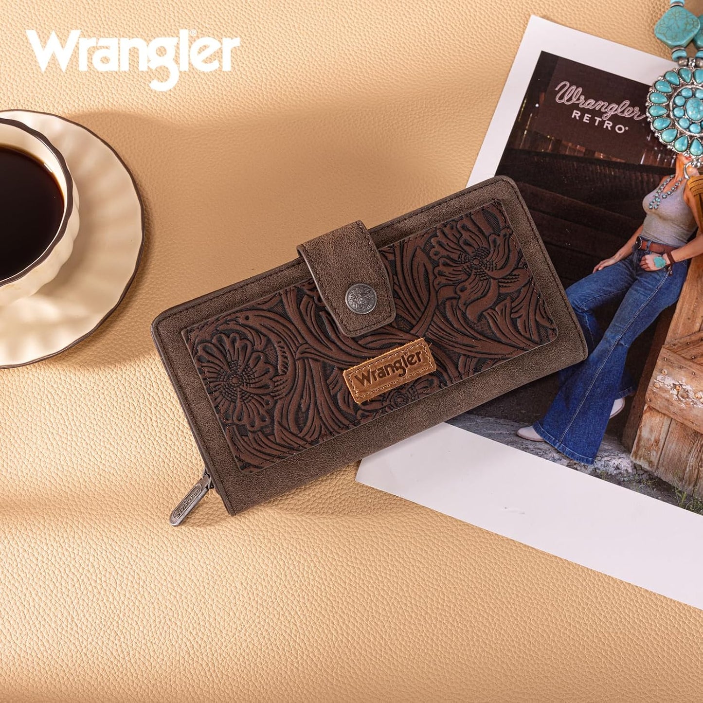 HOTMontana West X Wrangler Large Womens Wallet Western Tooling Flower Wallets, Card Cases & Money Organizers Bifold Card Cash Phone Wallet Ladies Female Travel Clutch Wallets with RFID Lining