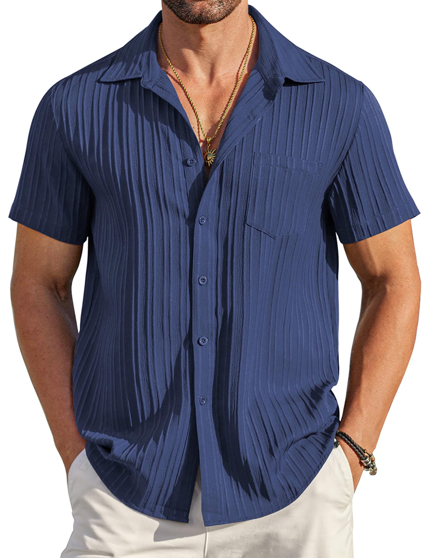 HOTCOOFANDY Men's Casual Button Down Shirts Short Sleeve Textured Summer Beach Shirt with Pocket