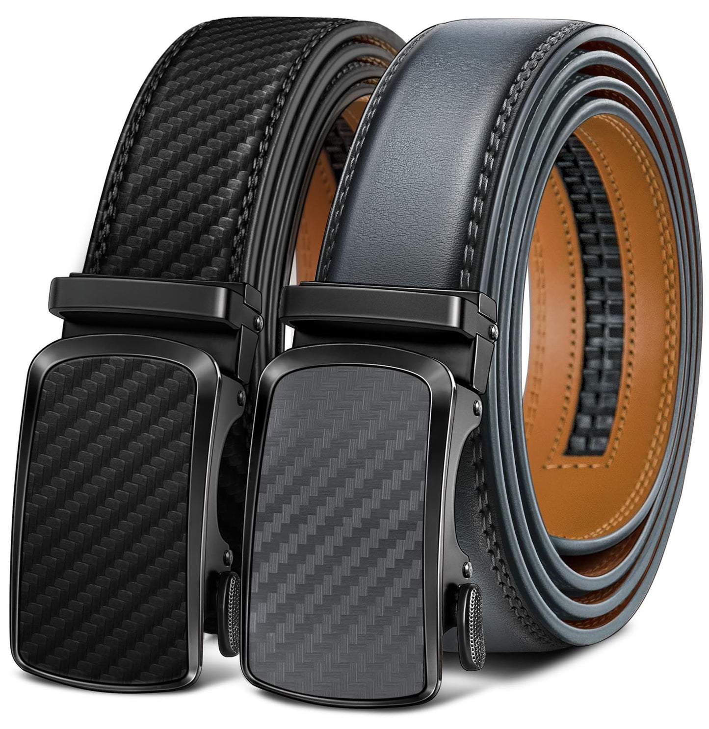 HOTBULLIANT Men's Ratchet Leather Belt Trimmable 2Pack 1 3/8"-Gift Boxed | Smooth Sliding | Precise Fit | Tailored Size | Holeless for Dress or Casual