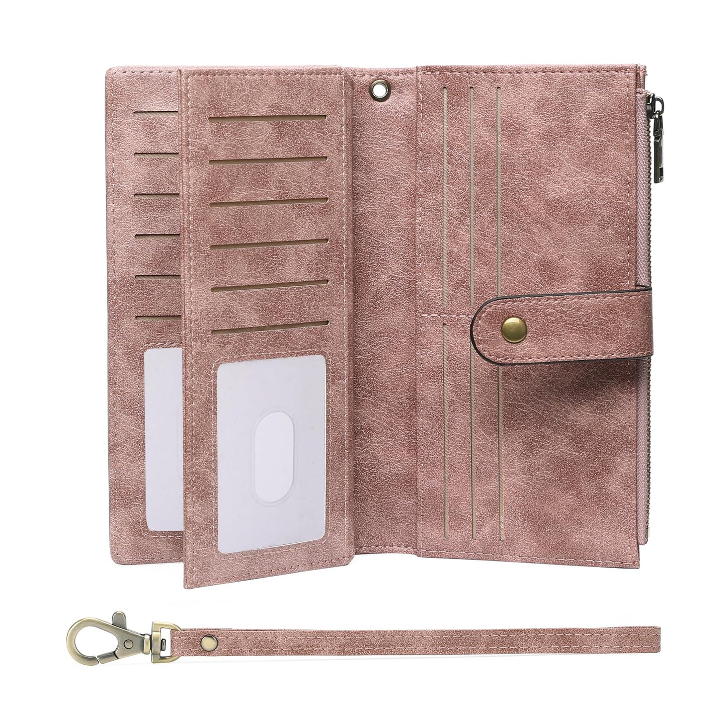 HOTGOIACII Large Wallet for Women Leather Wristlet Brown | RFID Blocking, Multi-card Slots, Detachable Wrist Strap, Trifold Clutch Purse
