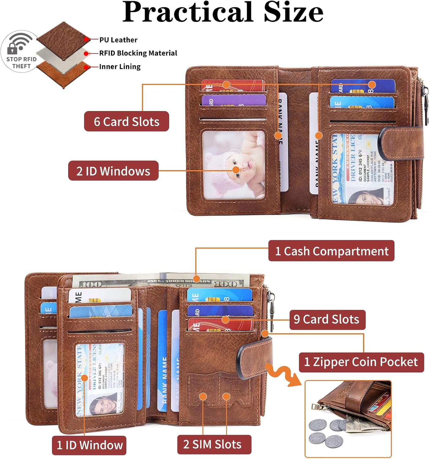 HOTGOIACII Small Wallet Women RFID Blocking Trifold Clutch Ladies Credit Card Holder Zipper Pocket Wallets for Women Brown