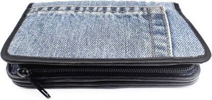 HOTUpcycling Blue Denim Bifold Money Zip Coin Card Holder Organizer Compact Wallet for Women