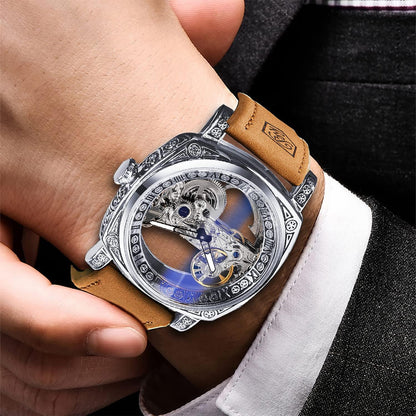 HOTFORSINING Men's Luxury Square Carving Mechanical Watch, Retro Totem Double Sided Hollow Skeleton Self-Wind Automatic Watches, Vintage Leather Strap Wristwatch Reloj para Hombre