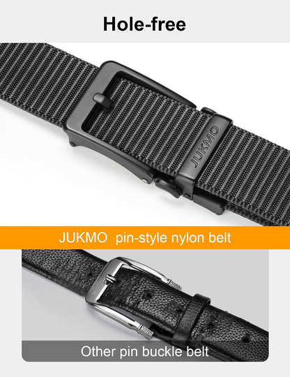 HOTJUKMO Men's 1.5" Ratchet Belt with Pin-Look Buckle for Jeans & Chinos | No-Hole Micro-Adjust Belt with Trim-to-Fit Nylon Webbing & Zinc Alloy Buckle – Perfect for Business Casual