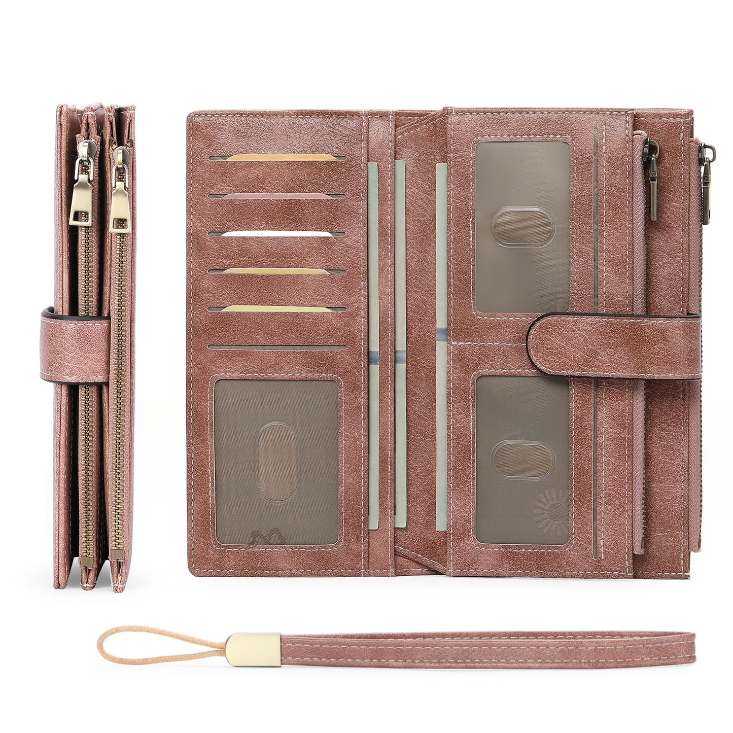 HOTGOIACII Large Wallet for Women Leather Wristlet Brown | RFID Blocking, Multi-card Slots, Detachable Wrist Strap, Trifold Clutch Purse