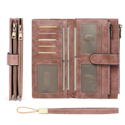 HOTGOIACII Large Wallet for Women Leather Wristlet Brown | RFID Blocking, Multi-card Slots, Detachable Wrist Strap, Trifold Clutch Purse