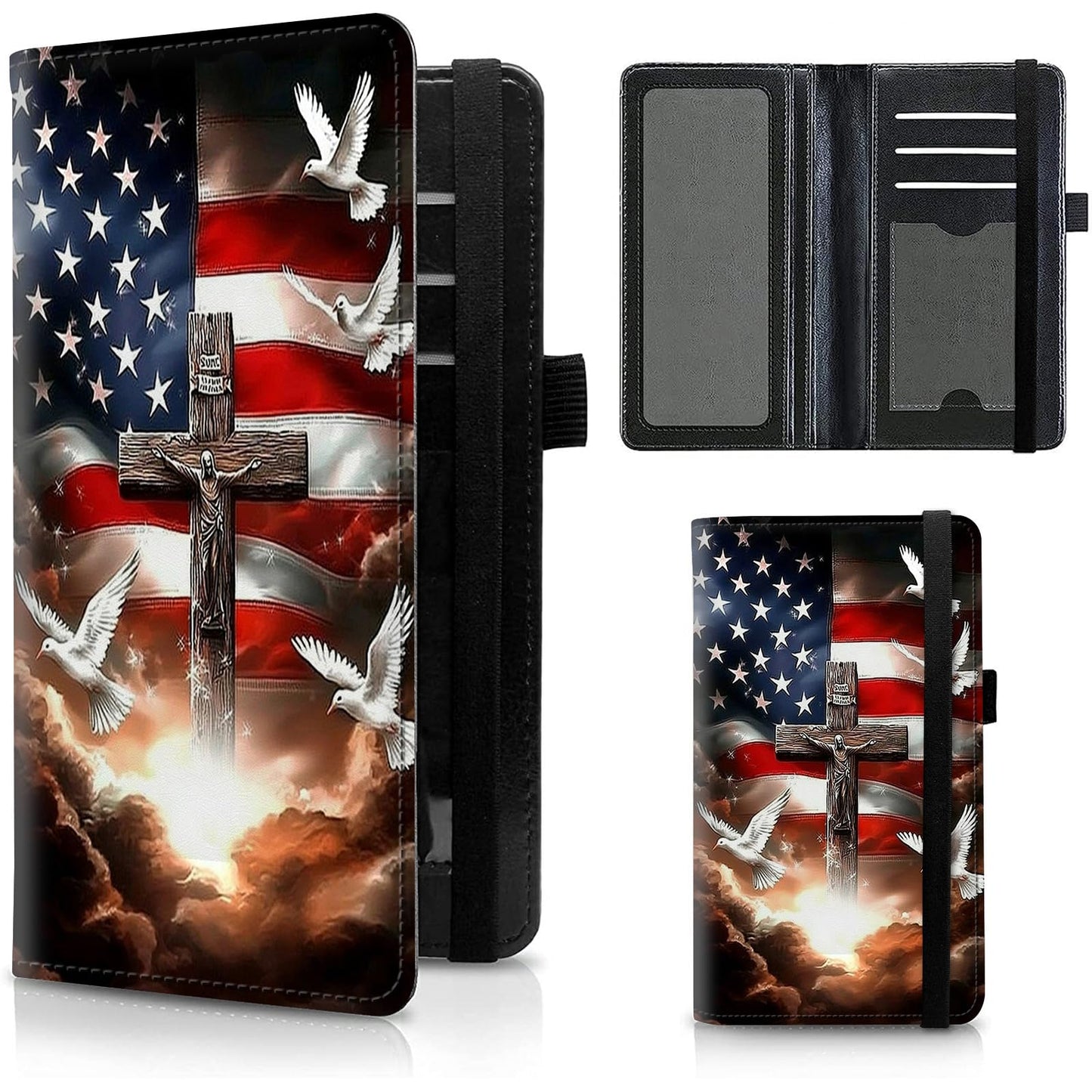 HOTFUYOCWE Leather Checkbook Cover for Men Women Check book Holder Cover for Personal Checkbook Checks with RFID Blocking & Elastic Strap-Bald Eagle with Flag