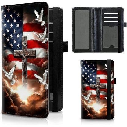 HOTFUYOCWE Leather Checkbook Cover for Men Women Check book Holder Cover for Personal Checkbook Checks with RFID Blocking & Elastic Strap-Bald Eagle with Flag