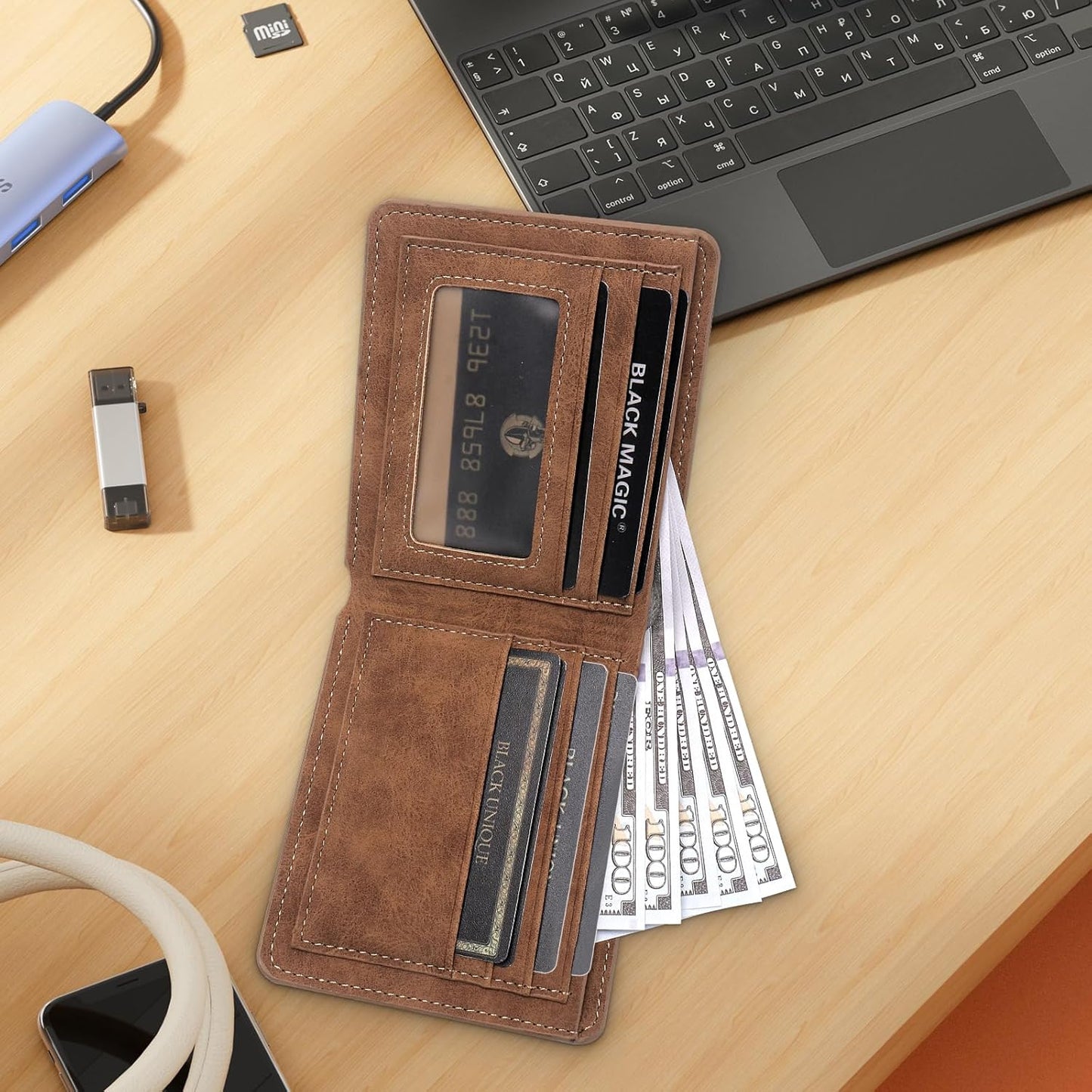 HOTTHTCSQ To My Dad Gift Leather Wallet for Man Engraved Personalized Leather Wallet, Birthday Gifts From Daughters(never forget dad)