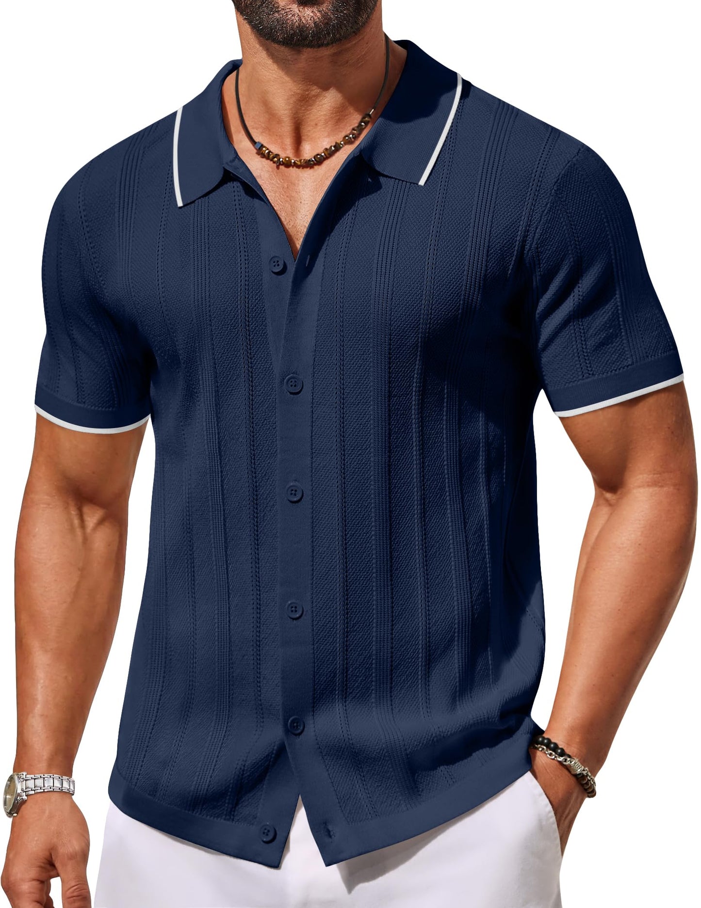 HOTCOOFANDY Men's Knit Button Down Shirts Short Sleeve Polo Shirt Casual Vacation Summer Beach Shirts